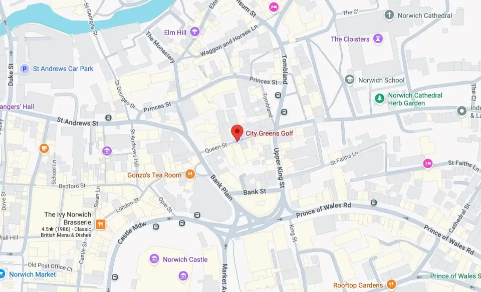 Map of norwich showing the location of City Greens Golf
