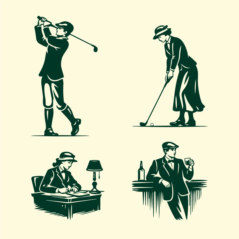 Vintage illustrations of women and men engaging in leisure activities such as playing golf, drinking, and working at a desk.